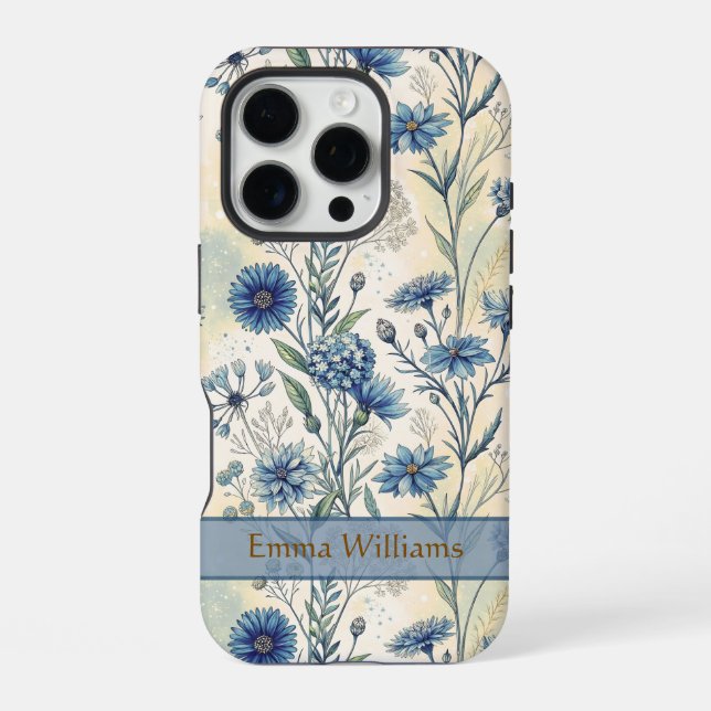 Personalized Name Blue Wildflowers iPhone 16 Pro Hülle (Rückseite)