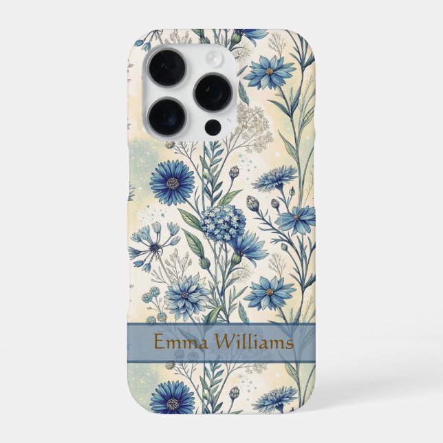 Personalized Name Blue Wildflowers iPhone 16 Pro Hülle (Rückseite)