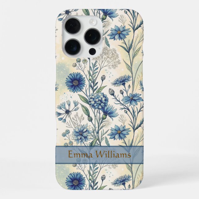 Personalized Name Blue Wildflowers iPhone 16 Pro Max Hülle (Rückseite)