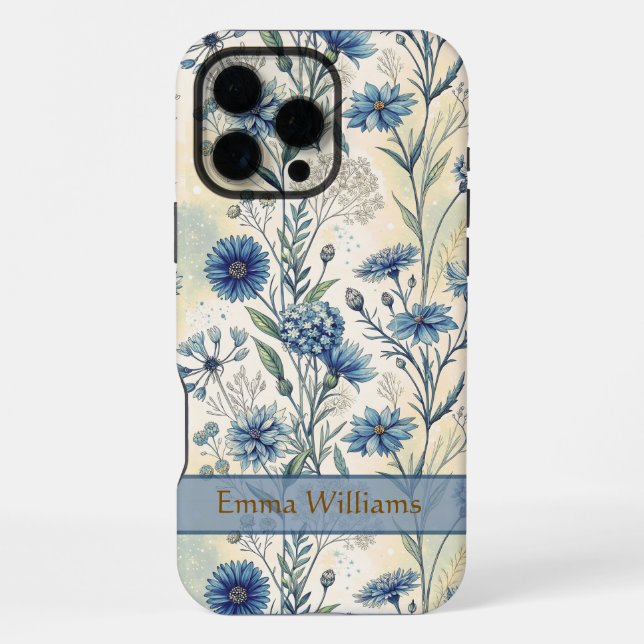 Personalized Name Blue Wildflowers iPhone 16 Pro Max Hülle (Rückseite)