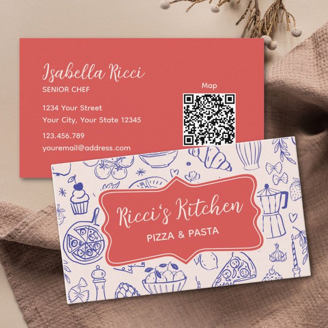 Personalized Name Cute Hand Drawn Food QR Code Visitenkarte (Front and Back)