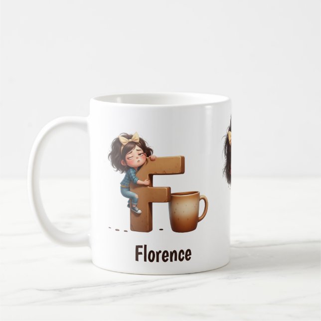 Personalized Name & F Sleepy Morning Plaid Charact Kaffeetasse (Links)