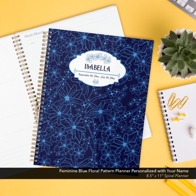Personalized Name Feminine Blue Floral Pattern (Feminine Navy Blue Floral Pattern Planner–Personalized with Your Name )