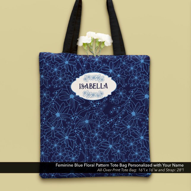Personalized Name Feminine Blue Floral Pattern Tasche (Feminine Blue Floral Pattern Tote Bag–Personalized with Your Name)