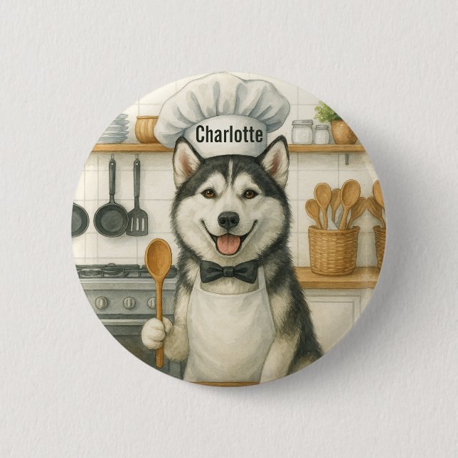 Personalized Name Funny Siberian Husky Dog Chef Button (Vorderseite)