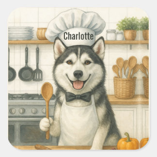 Personalized Name Funny Siberian Husky Dog Chef Quadratischer Aufkleber