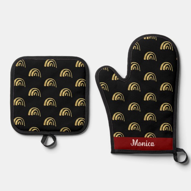 Personalized name gold rainbow and black ofenhandschuh & Topflappen-Set (Vorderseite)