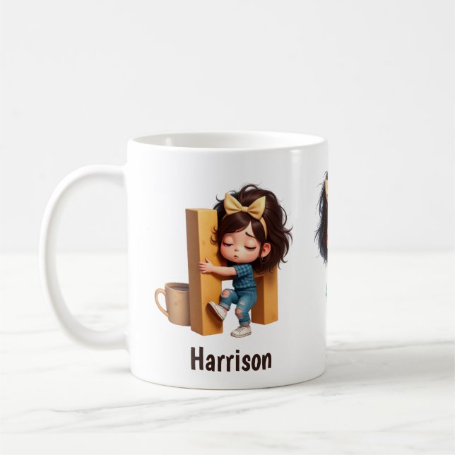 Personalized Name & H Sleepy Morning Plaid Charact Kaffeetasse (Links)