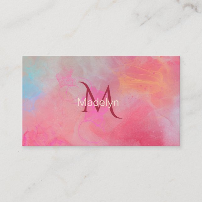 Personalized Name + Monogram Pink Watercolor Ink Visitenkarte (Vorderseite)