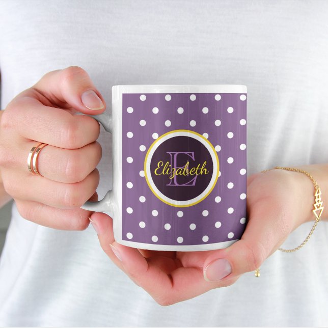Personalized Name & Monogram Purple Polka Dot Kaffeetasse (Von Creator hochgeladen)
