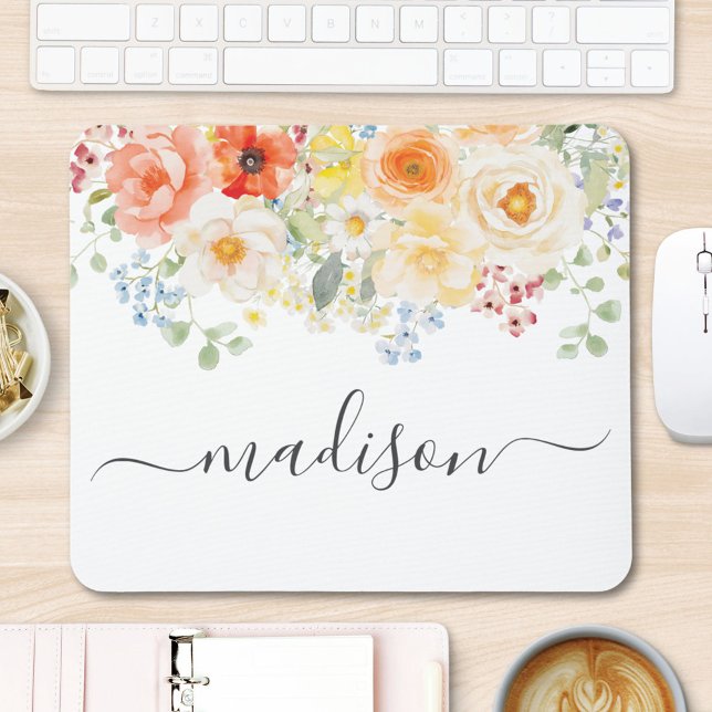 Personalized Name Monogram Watercolor Sunny Floral Mousepad (Von Creator hochgeladen)