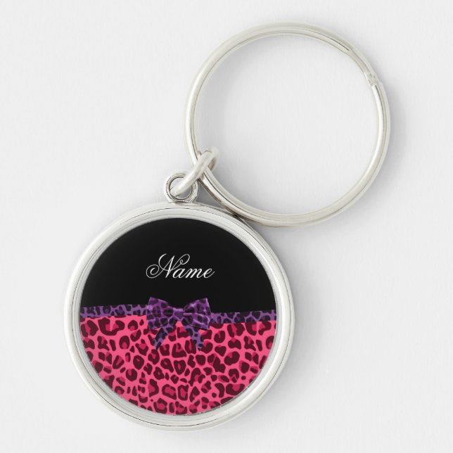 Personalized name pink leopard pattern purple bow schlüsselanhänger (Vorne)