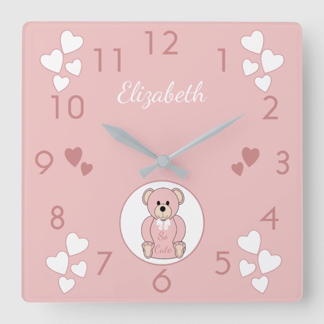 Personalized name Pink Teddy Bear baby Quadratische Wanduhr (Vorderseite)