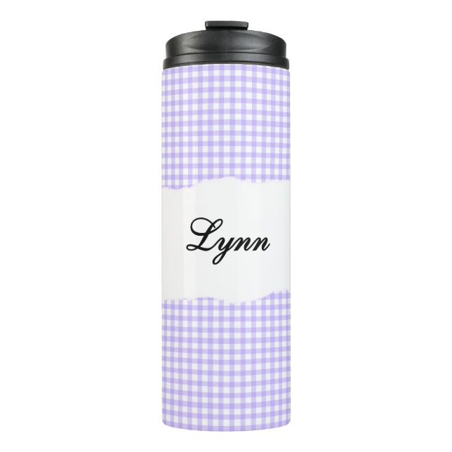 Personalized Name Purple Gingham Pattern Thermosbecher (Vorderseite)