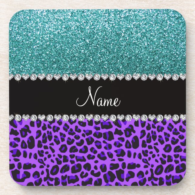 Personalized name purple leopard turquoise glitter untersetzer (Vorderseite)
