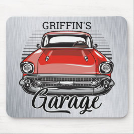 Personalized NAME Retro Red Classic Car Garage Mousepad