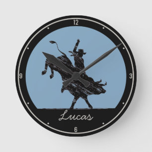 Personalized NAME Western Rodeo Bull Rider Cowboy Runde Wanduhr