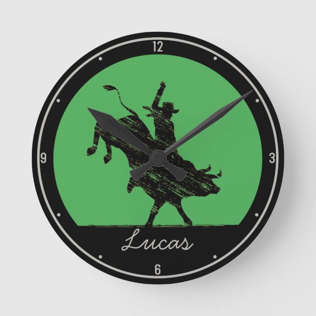 Personalized NAME Western Rodeo Bull Rider Cowboy Runde Wanduhr (Vorderseite)
