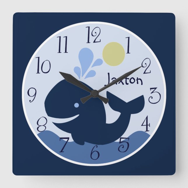 Personalized Nautical Ahoy Mate Whale Baby Clock Quadratische Wanduhr (Vorderseite)