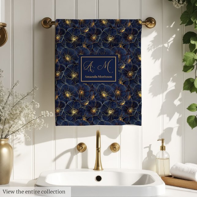 Personalized Navy Bath Towels Gold Floral Accent Badhandtuch Set (Personalized Navy Bath Towels Gold Floral Accent)
