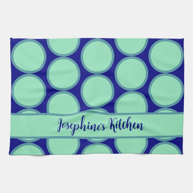 Personalized Navy Mint Polka Dot Pattern Modern  Geschirrtuch (Horizontal)