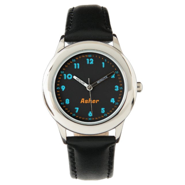 Personalized Neon Blue & Orange Boys & Girls Armbanduhr (Vorderseite)