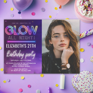 Personalized Neon Glow Birthday Invitation Photo Einladung