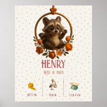 Personalized Newborn Baby – Raccoon & Birth Stats