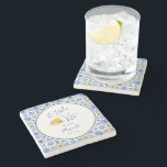 Personalized Newlywed Mediterranean Coastal Home Steinuntersetzer<br><div class="desc">A stone coaster for newlywed's home featuring Mediterranean tile patterns, elegant script calligraphy, and a playful watercolor gelato ice cream design. Inspired by Italian coastal home decor and the sunny charm of the Amalfi Coast, this modern stylish bar accessory captures the spirit of la dolce vita with bright blue and...</div>