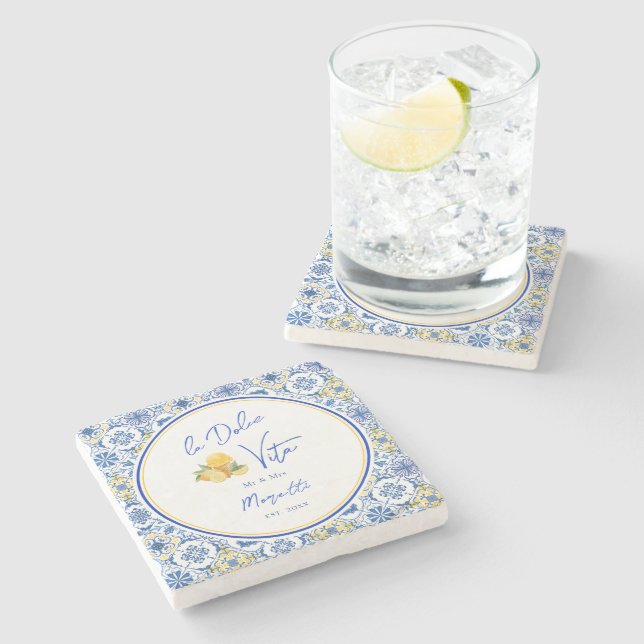 Personalized Newlywed Mediterranean Coastal Home  Steinuntersetzer (Seitenansicht)