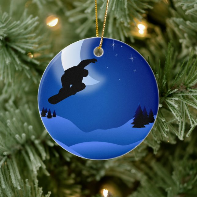Personalized Night Snowboarding with Moon Mountain Keramik Ornament (Baum)