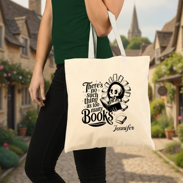 Personalized No Such Thing As Too Many Books Tragetasche (No such thing as too many books personalized tote bag in a village street.)