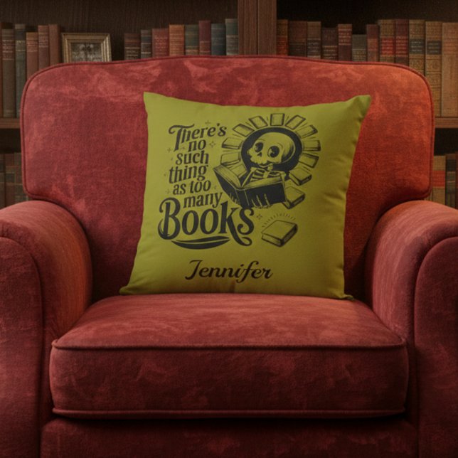 Personalized No Such Thing Too Many Bookworm Kissen (Olive green book worm throw pillow on red velvet chair.)