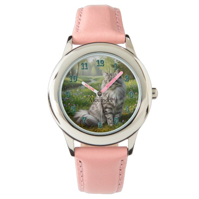 Personalized Norwegian Forest Cat in the Meadow Armbanduhr (Vorderseite)