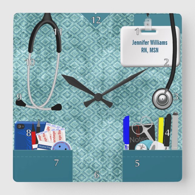 Personalized Nurse Scrubs in Teal Pattern Quadratische Wanduhr (Vorderseite)