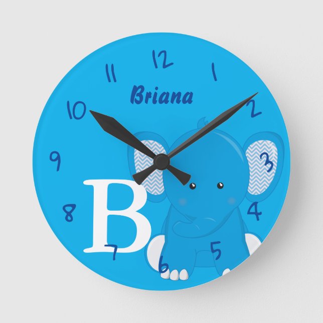Personalized Nursery Blue Round Clock Runde Wanduhr (Vorderseite)