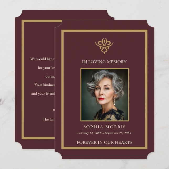 Personalized Old Money Burgundy Funeral Photo  Dankeskarte (Vorne/Hinten)