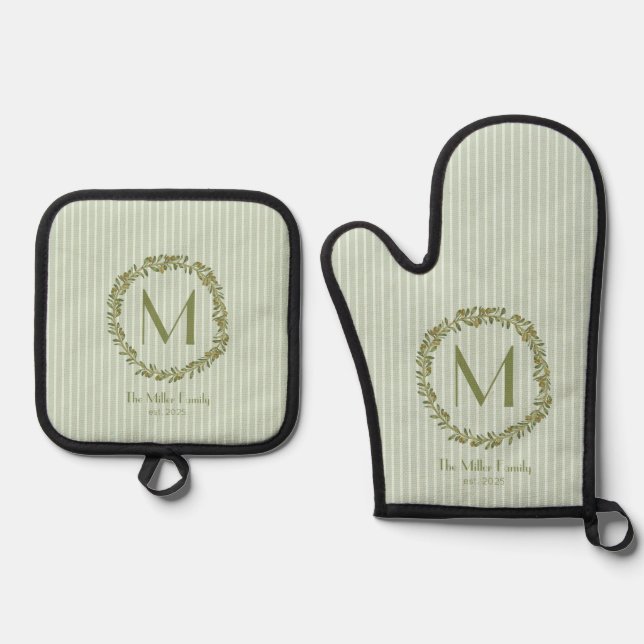 Personalized Olive Wreath Monogram  Ofenhandschuh & Topflappen-Set (Vorderseite)