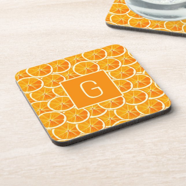 Personalized Orange Citrus Monogram Square Coaster Getränkeuntersetzer (Linke Seite)