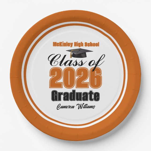 Personalized Orange Class of 2026 Graduation Party Pappteller (Vorderseite)
