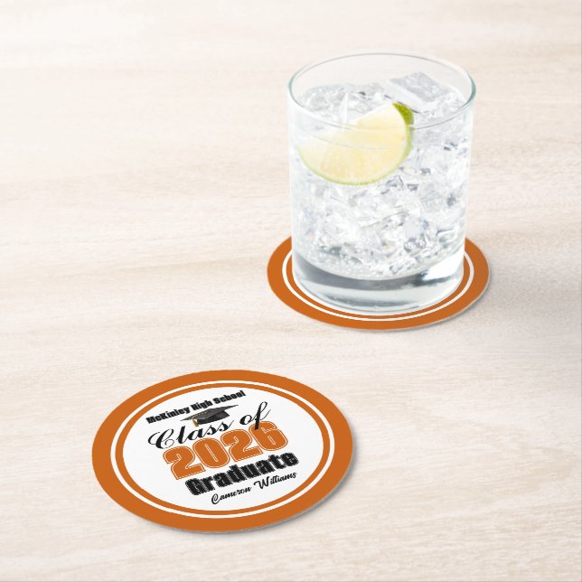 Personalized Orange Class of 2026 Graduation Party Runder Pappuntersetzer (Vor Ort)