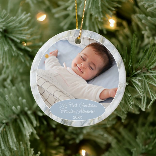 Personalized Ornament With Photo On Blue Marble (Baum)