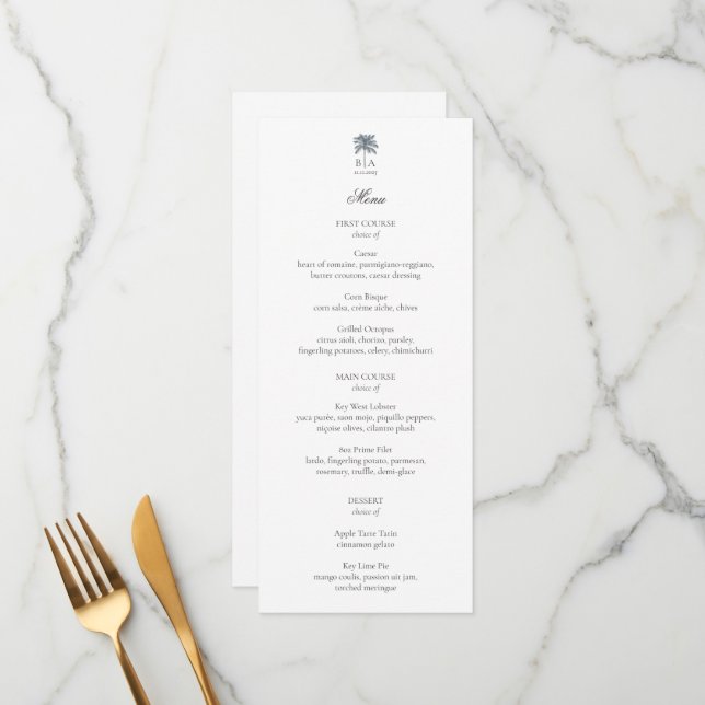 Personalized Palm Tree Beach Elegant Wedding Menu Menükarte (Vorderseite/Rückseite Beispiel)