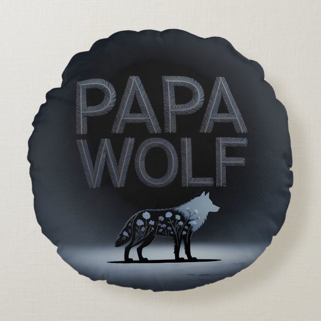 Personalized Papa Wolf Nature Silhouette Rundes Kissen (Vorderseite)