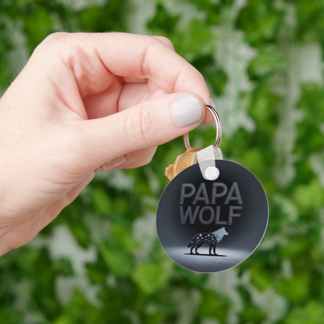 Personalized Papa Wolf Nature Silhouette Schlüsselanhänger (Hand)