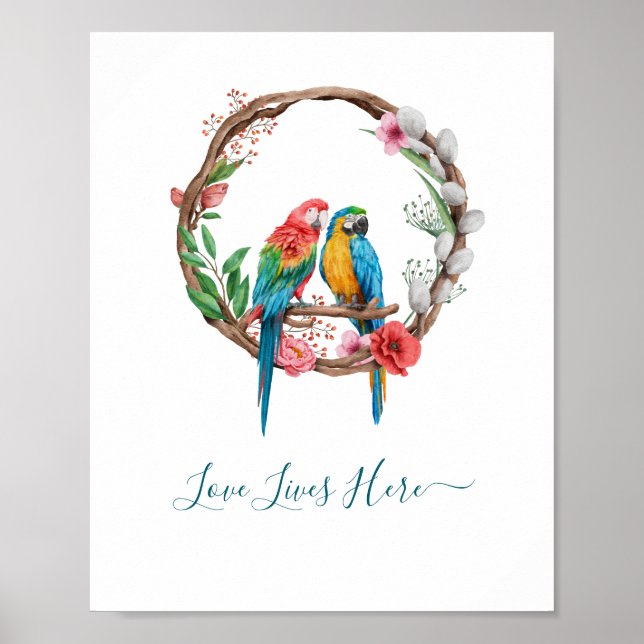 Personalized Parrots Macaw Birds Colorful Floral   Poster (Vorne)