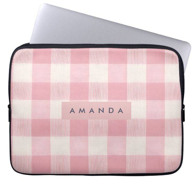Personalized Pastel Blush Pink Gingham Laptopschutzhülle (Vorderseite)