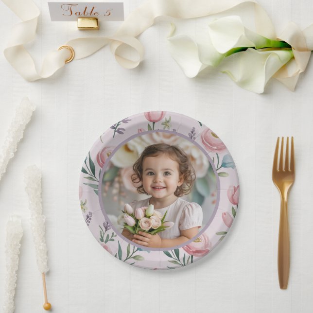 Personalized Pastel Floral Photo Birthday Girl  Pappteller (Hochzeit)