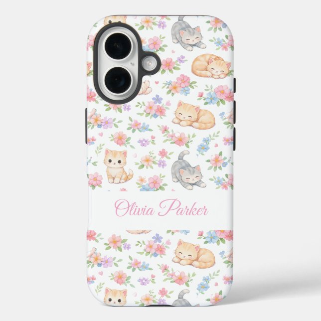 Personalized Pastel Kitten and Floral Name Custom  iPhone 16 Hülle (Rückseite)