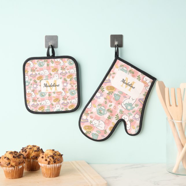 Personalized Pastel Pink Kitchen Tea Cats Ofenhandschuh & Topflappen-Set (Insitu (Hängend))